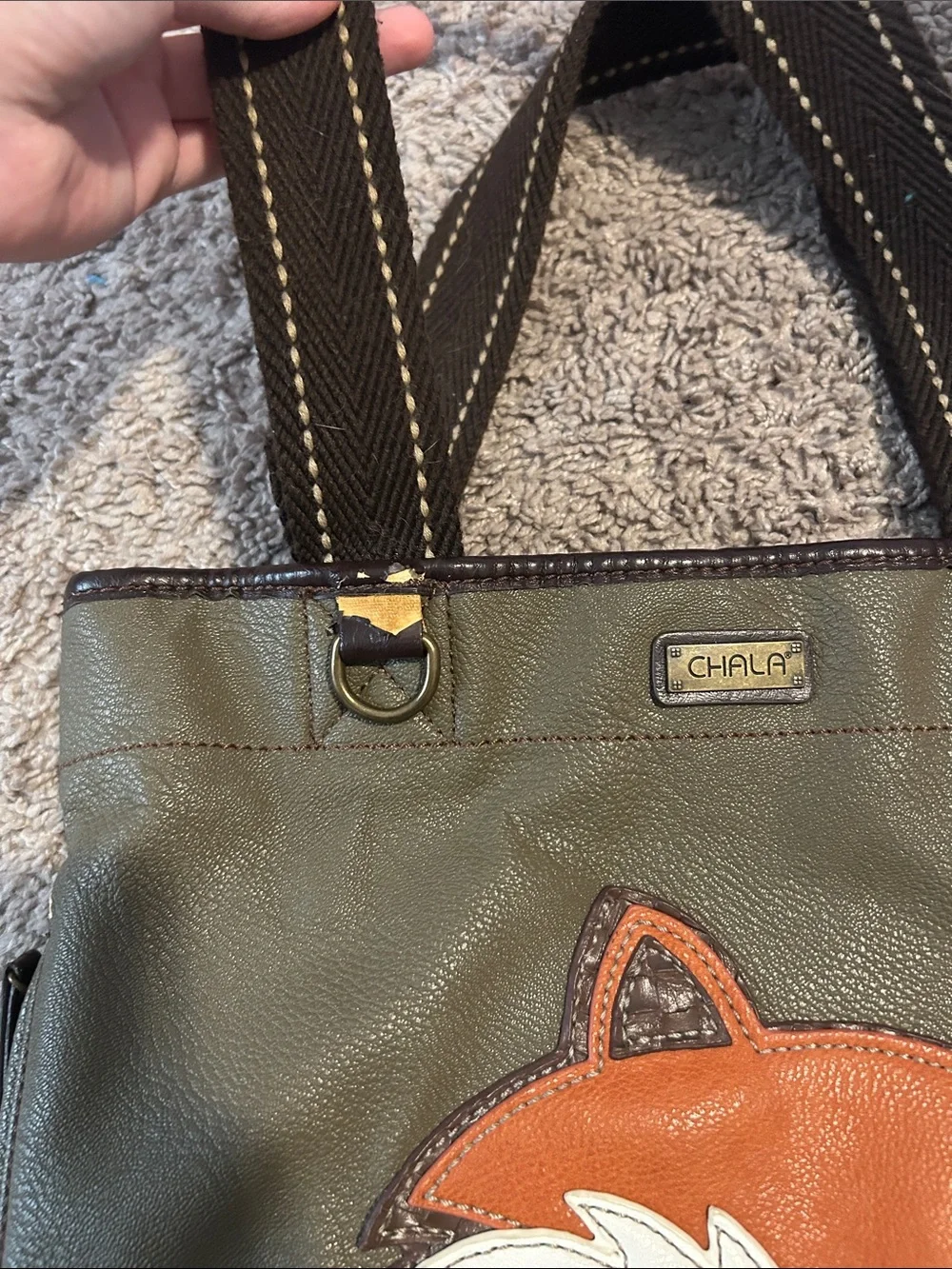 Chala Olive and Orange Fox Appliqué Tote